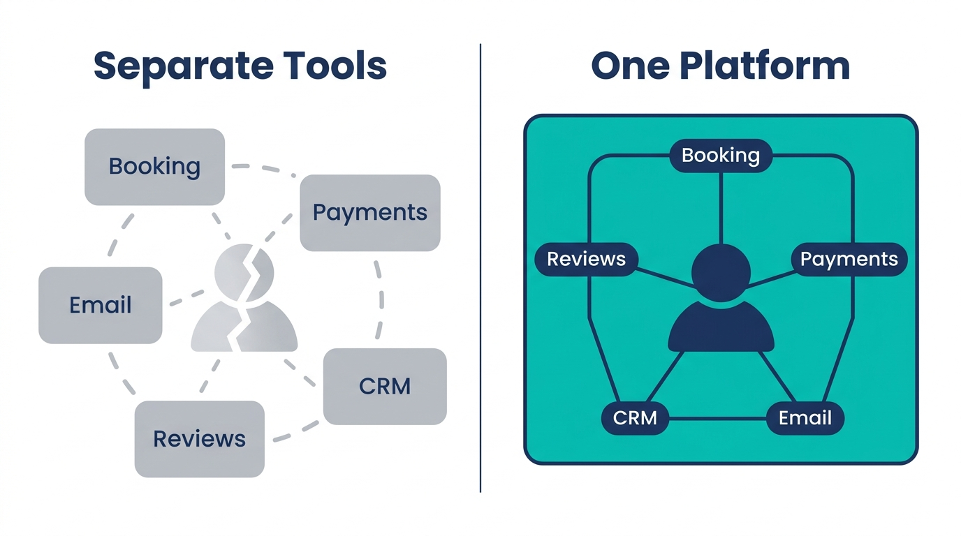 Comparison diagram: a fractured customer record split across five disconnected tools versus one unified record connecting booking, payments, email, CRM and reviews