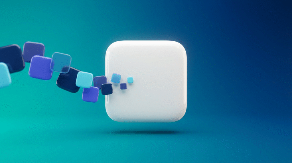 Twelve small app tiles flowing into a single large white tile on a teal to navy gradient