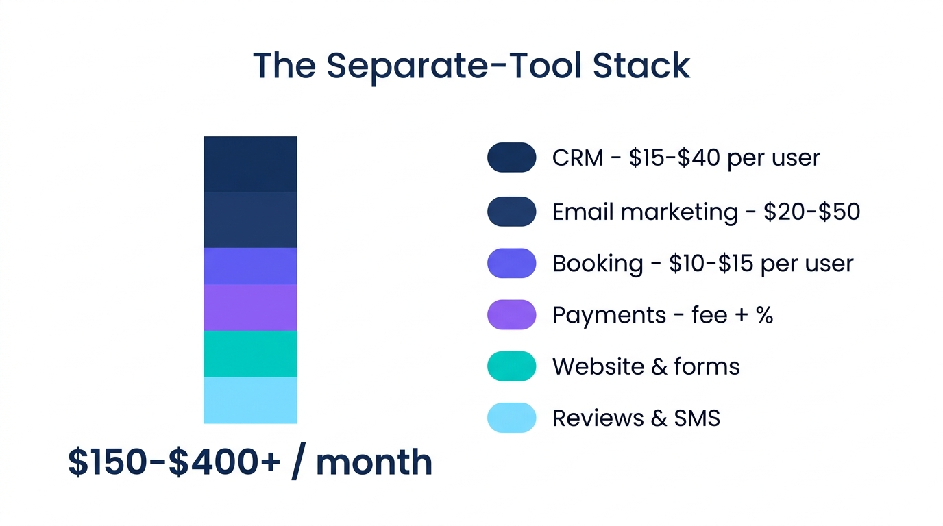 Stacked bar chart showing CRM, email marketing, booking, payments, website and forms, and reviews and SMS totalling $150 to $400+ per month